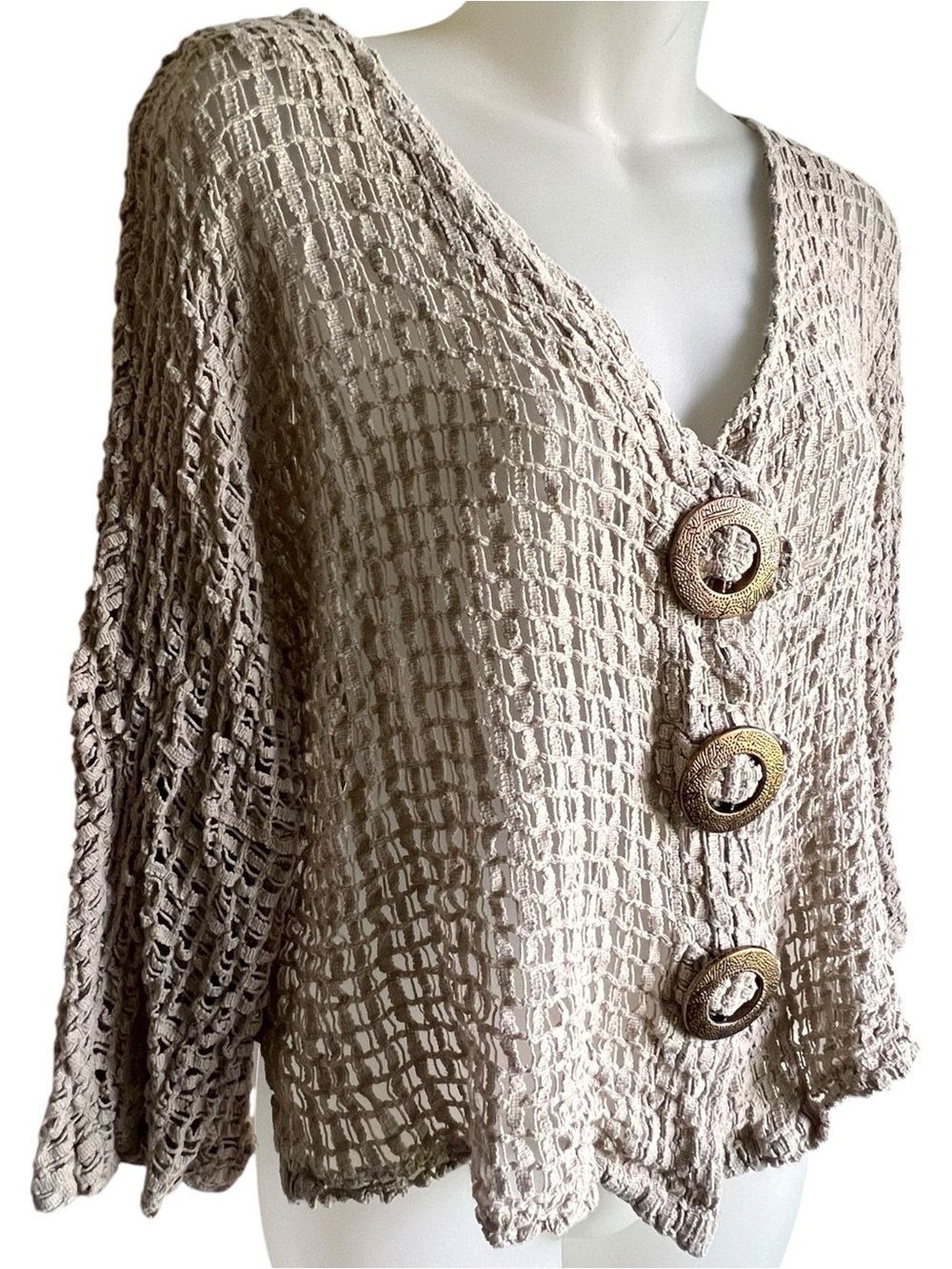 Frazzle Sz XL Cotton Open Knit Boho Cardigan Cream Metal Buttons Coastal Artsy